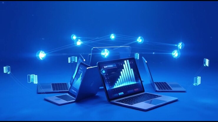Laptops Connected in a Digital Network with Data Visualization