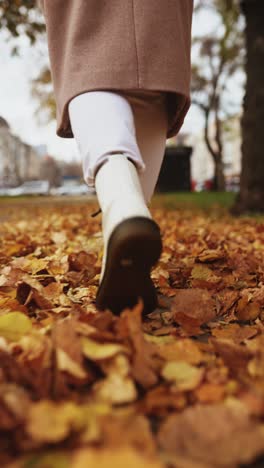 woman walking through autumn leaves