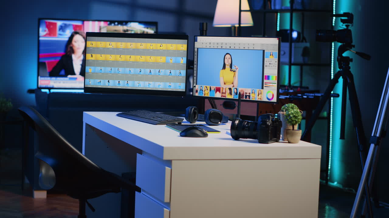 Multi monitors setup in empty studio with photo editing software used to manipulate digital images