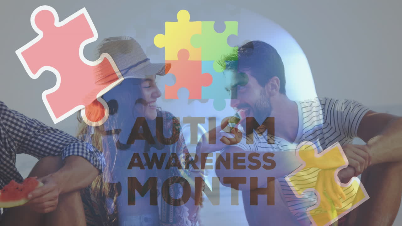 여름 해변 파티에서 행복한 친구들 위에 다채로운 퍼즐 조각과 자폐증 텍스트의 애니메이션