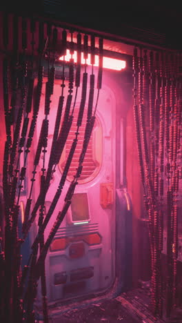 a glowing pink futuristic doorway in a cyberpunk setting