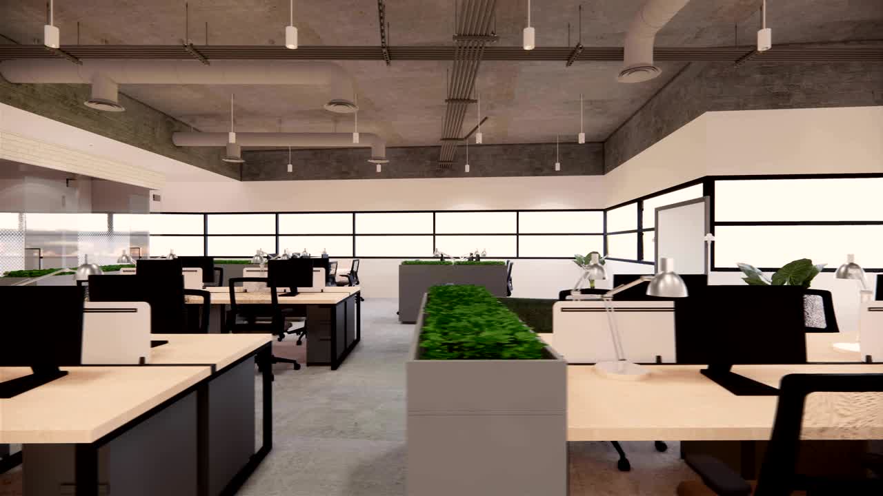 내부 빈 현대 로프트 오피스 오픈 스페이스 현대 오피스 영상.현대 오픈 콘셉트 로비 및 리셉션 영역 회의실 디자인.