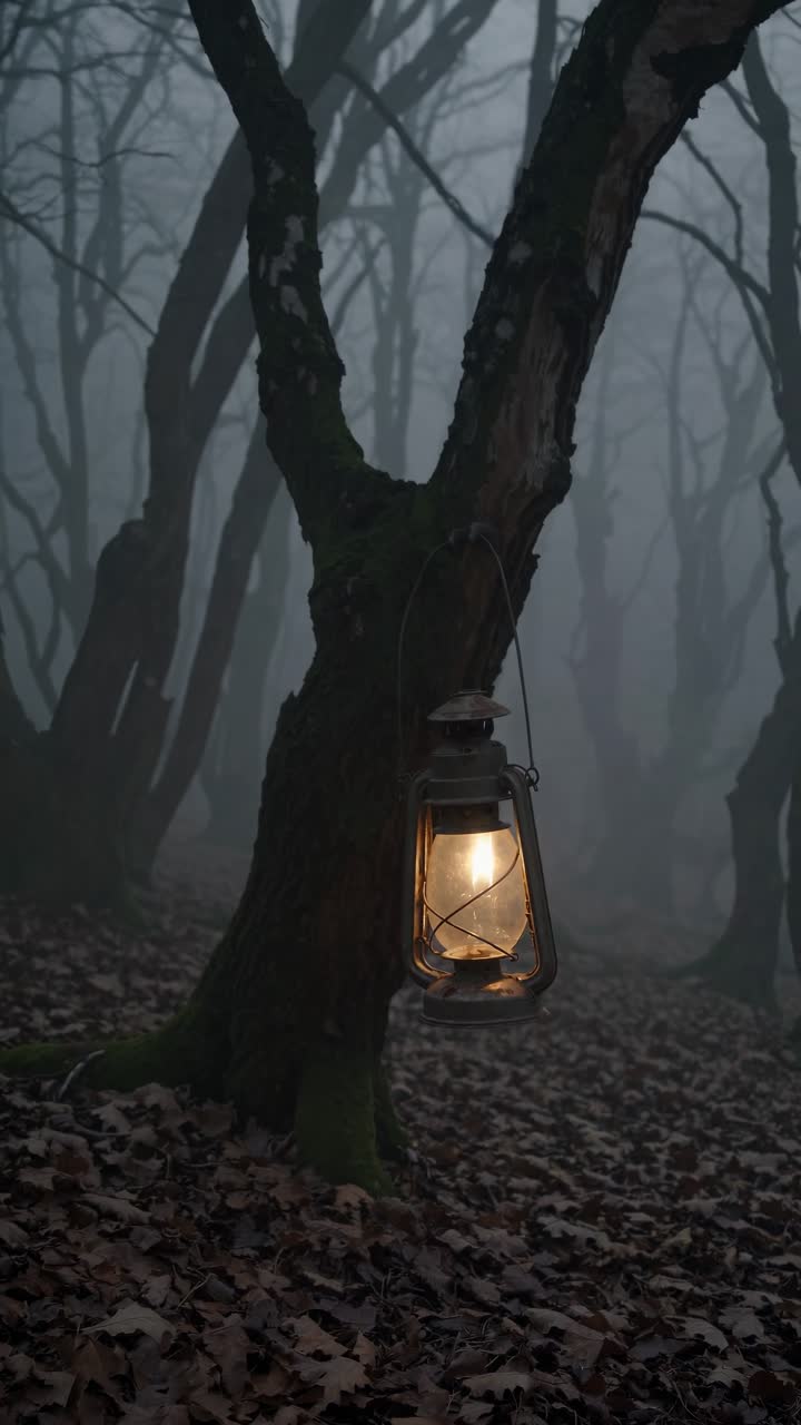 Eerie forest scene with twisted trees in dense fog, captured from a low angle, creating a mysterious