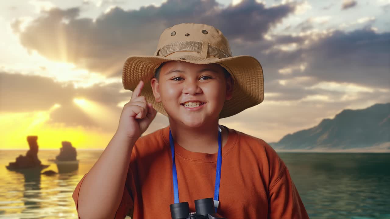 Menino asiático de chapéu e binóculos pensando e olhando ao redor, e então levantando o indicador na praia. Menino pesquisador, conceito de aventura de viagem, close-up