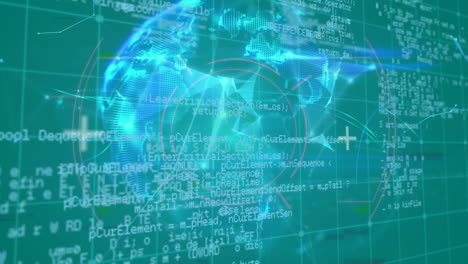 Animation of data processing, shapes and globe on green background