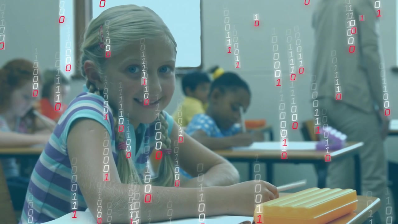 Teacher entering aisle starting binary overlaying classroom for learning as student writing notes