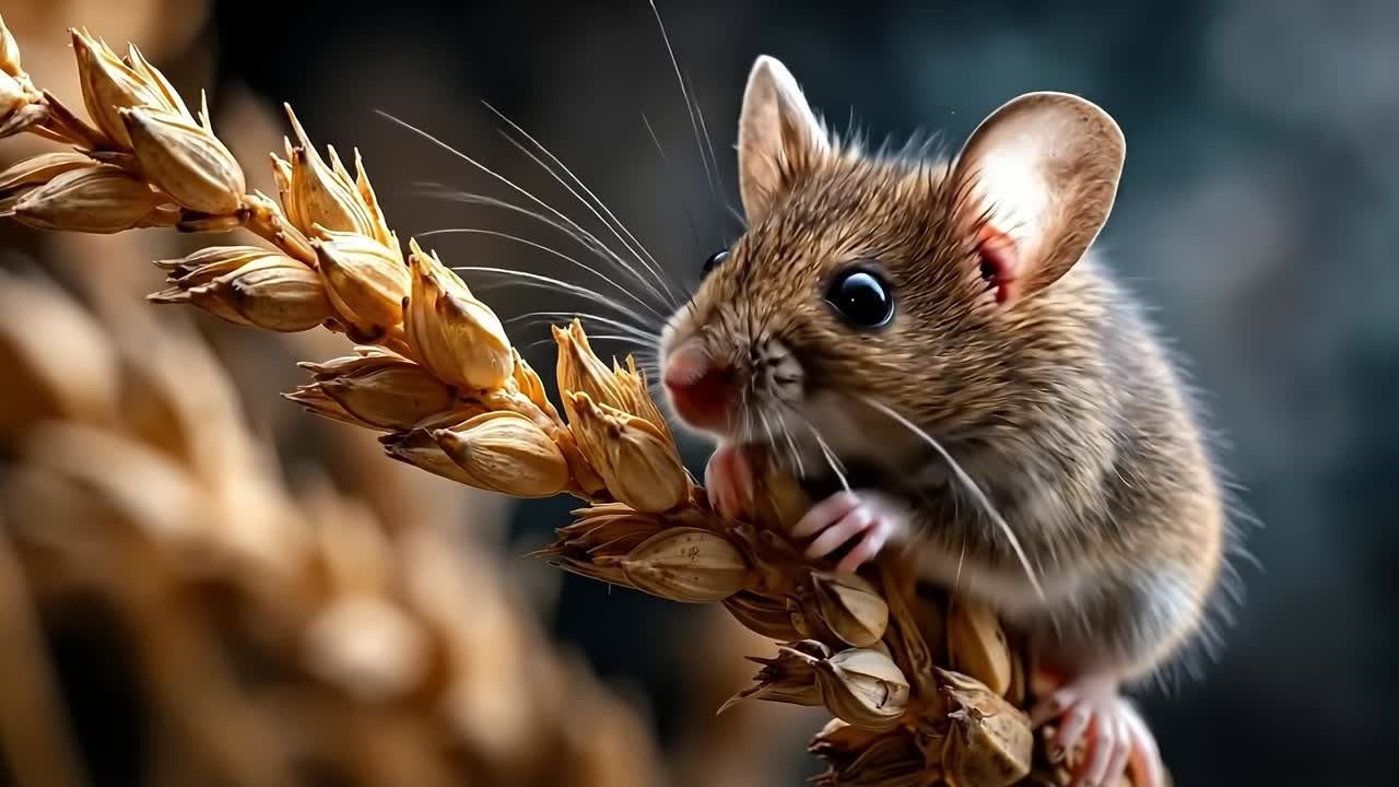 Un topo seduto su una spiga di grano