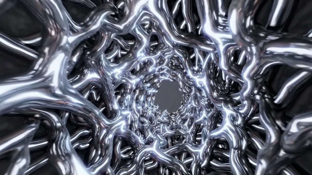 Tunnel metallico astratto con forme tortuose