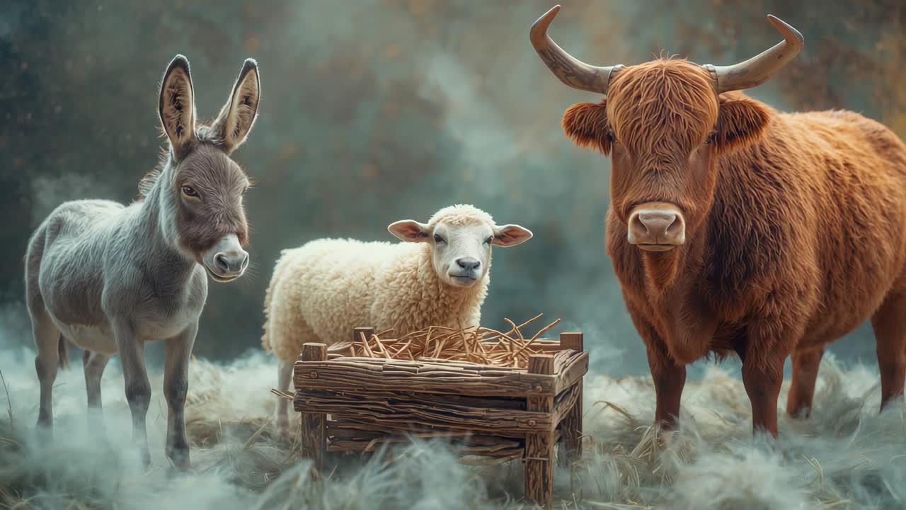 Drifting mist swirling around donkey, sheep, Highland cow in forest clearing by wooden manger