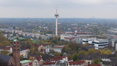 essen city, ruhr area, gemany. drone view of tv tower overcast day
