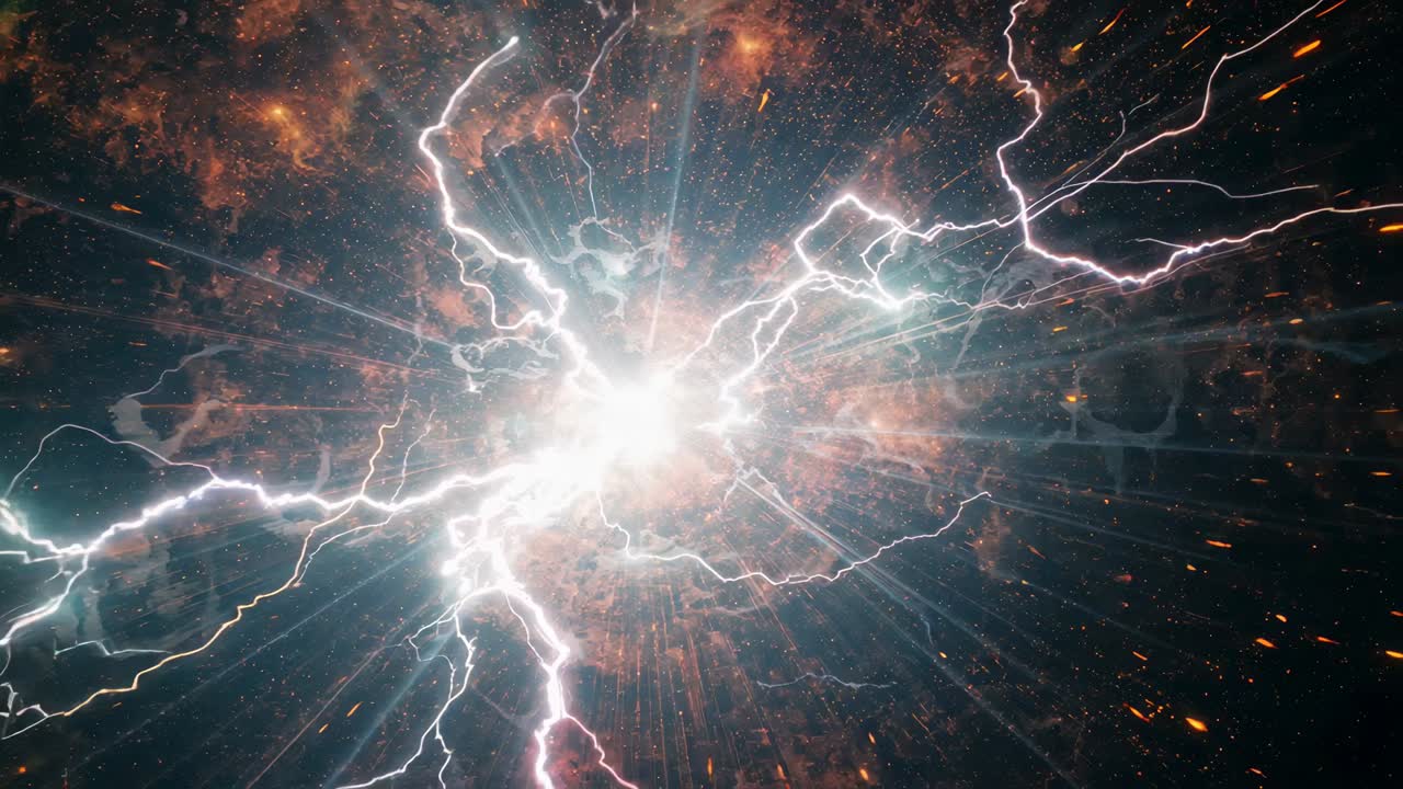 Brightening energy core emitting white branching arcs, rays across orange nebula, embers trailing
