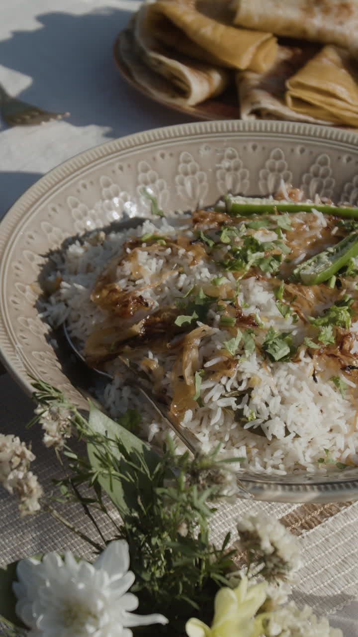 A Delicious Outdoor Meal Featuring Rice and Fresh Herbs