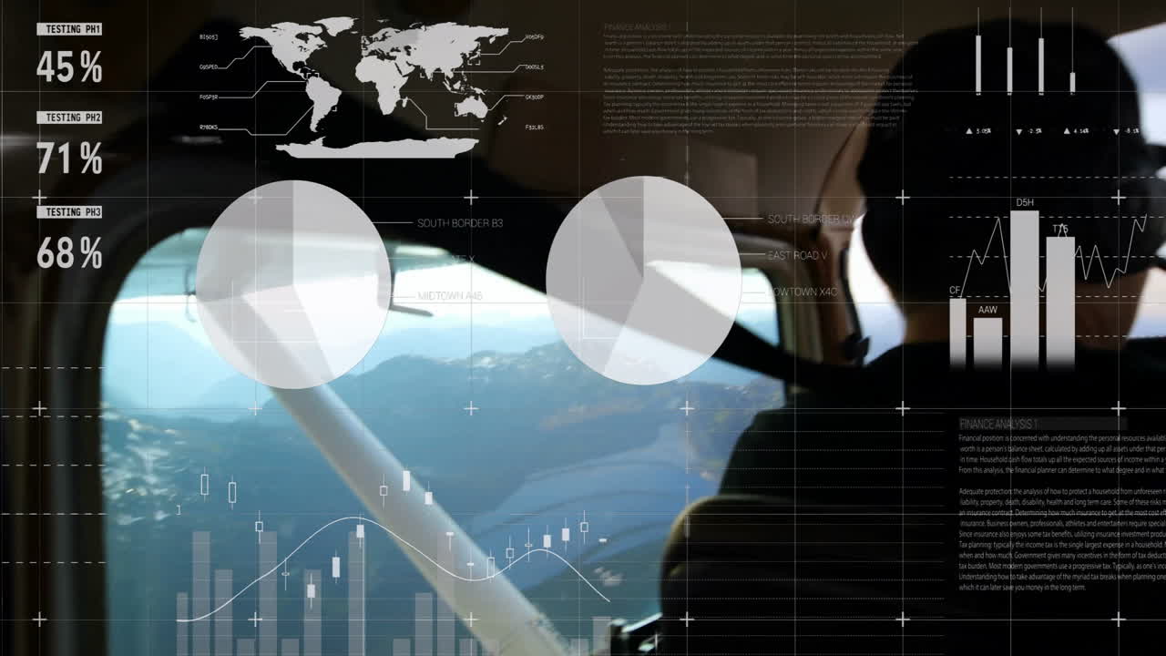 In cockpit, pilot using animation of data visualization with world map overlay