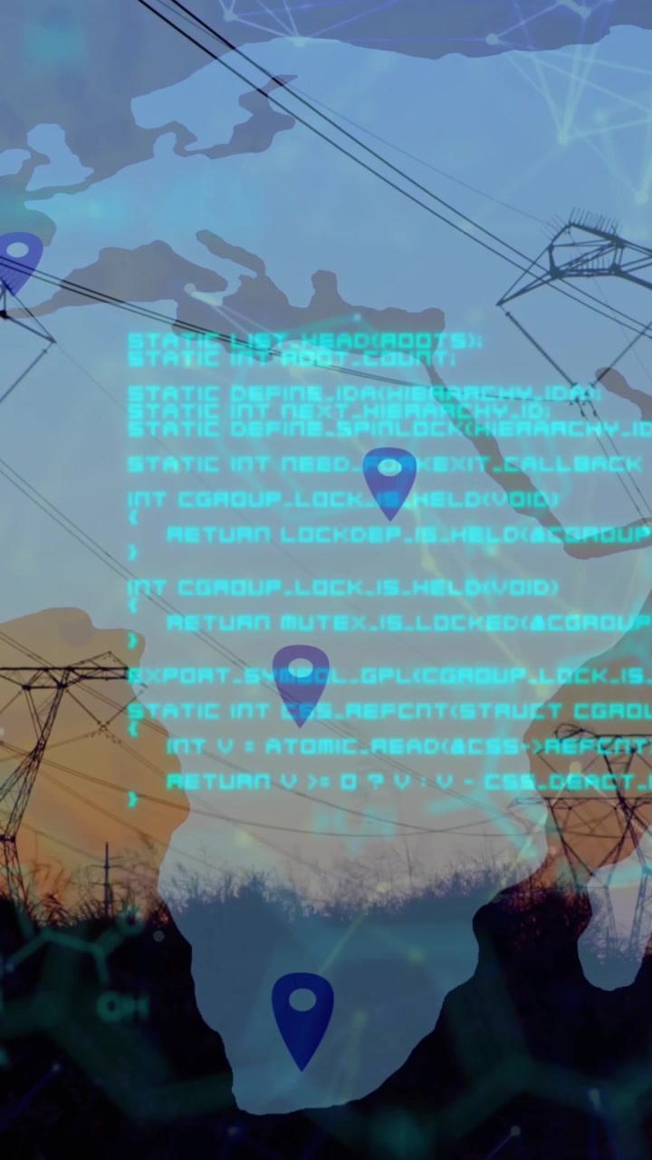 Animation of data processing and world map over pylons