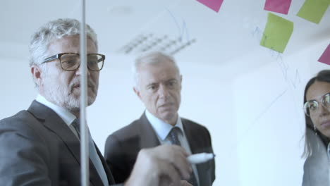 serious grey haired male business partners and female assistant working on notes