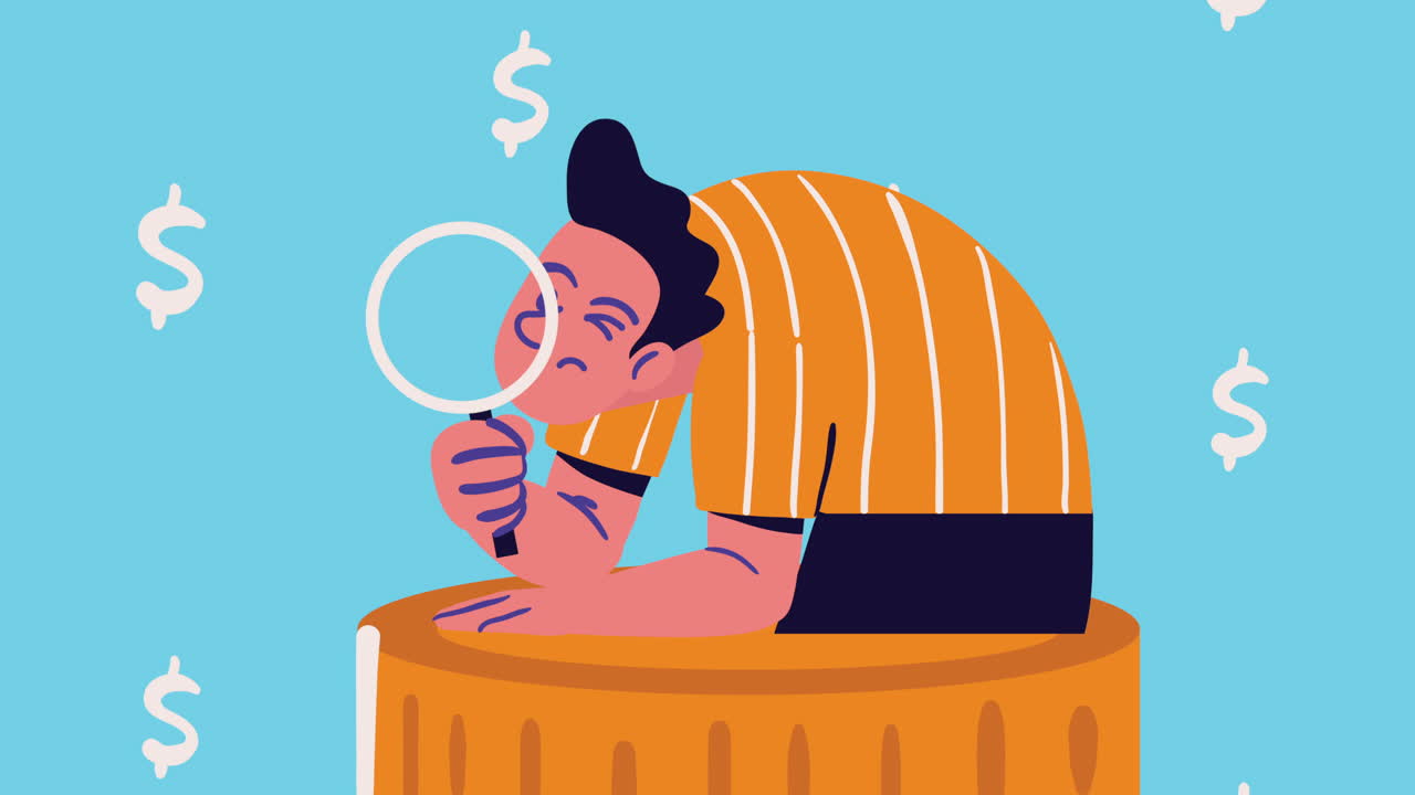 확대 유리 캐릭터 애니메이션을 가진 남자