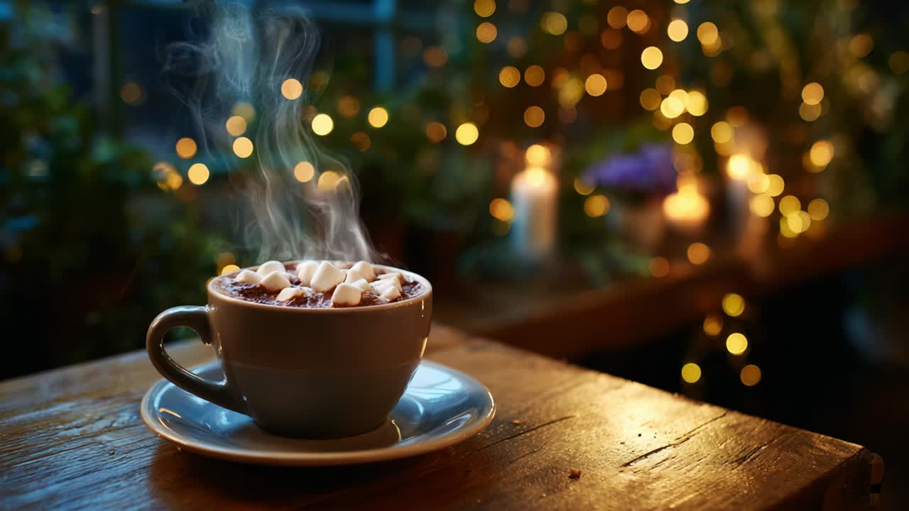 A warm and inviting cup of hot chocolate topped with fluffy mini marshmallows, illuminated by the soft glow of twinkling lights and surrounded by a cozy setting, perfect for a comforting winter evening
