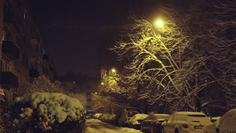 winter christmas night with snow covering streets, light from warm light pole