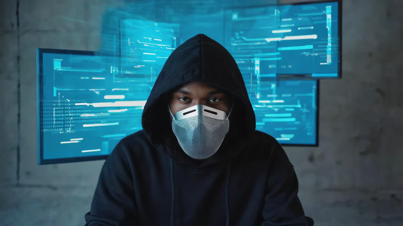 A person in a hoodie and mask in front of glowing computer screens with data