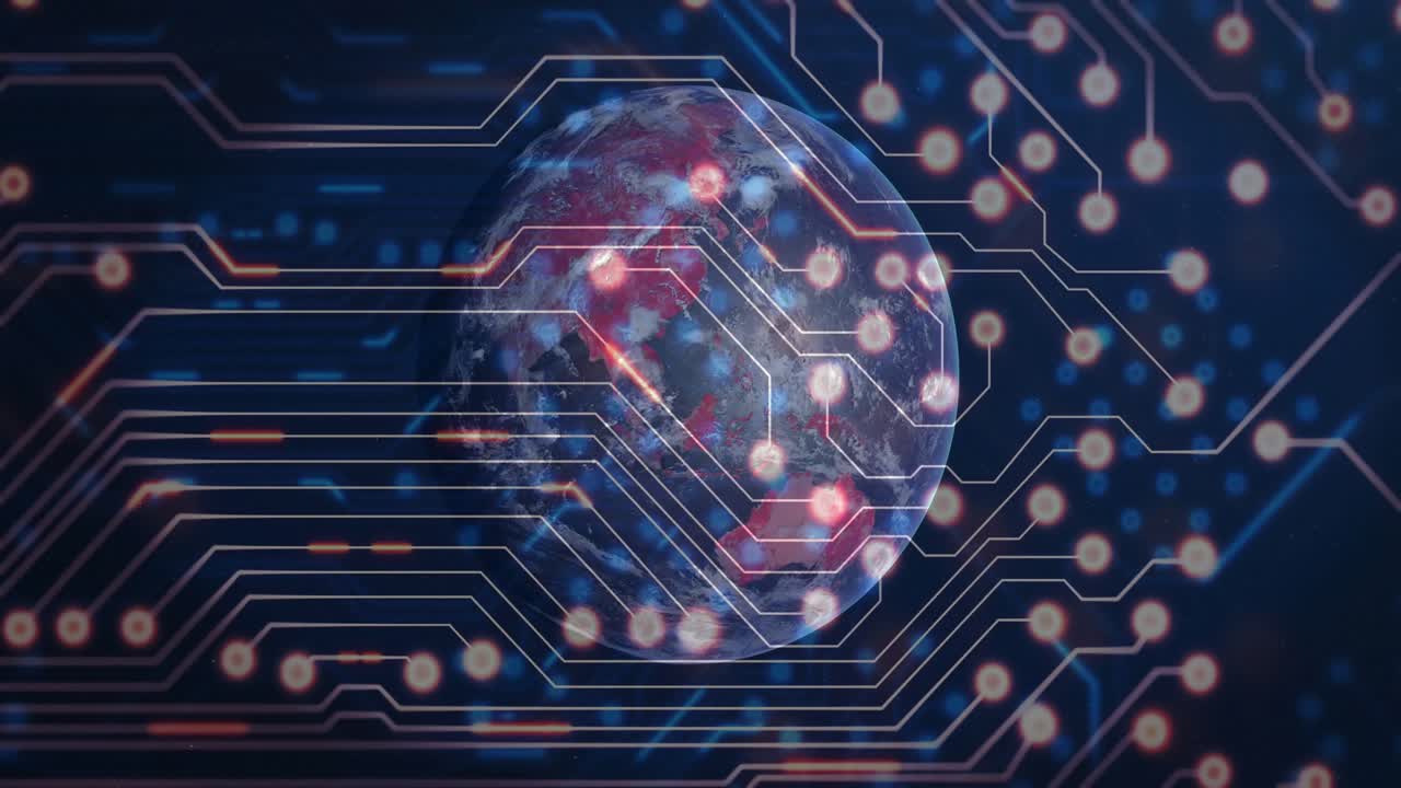 Light streaks initiating globe rotation, planet rotating while nodes pulsing, tracing live network