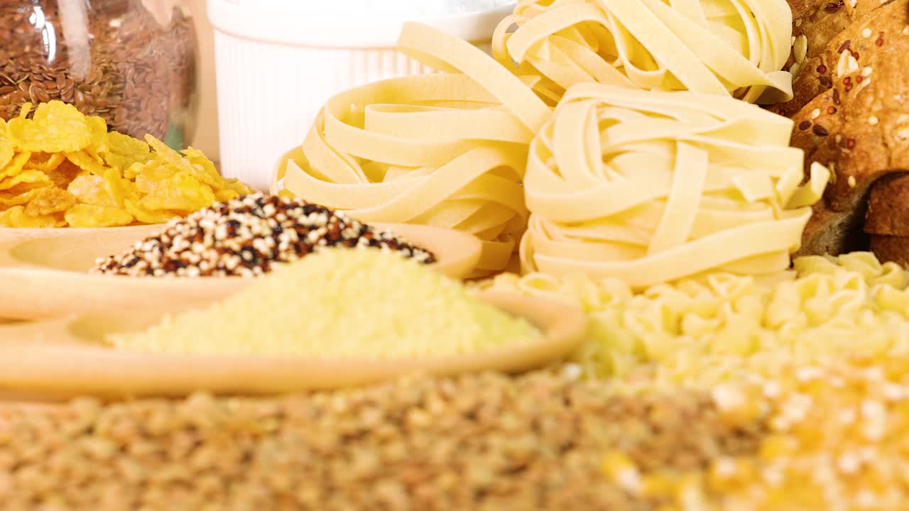 A variety of grains and pasta arranged in a warm, well-lit setting, highlighting texture and color