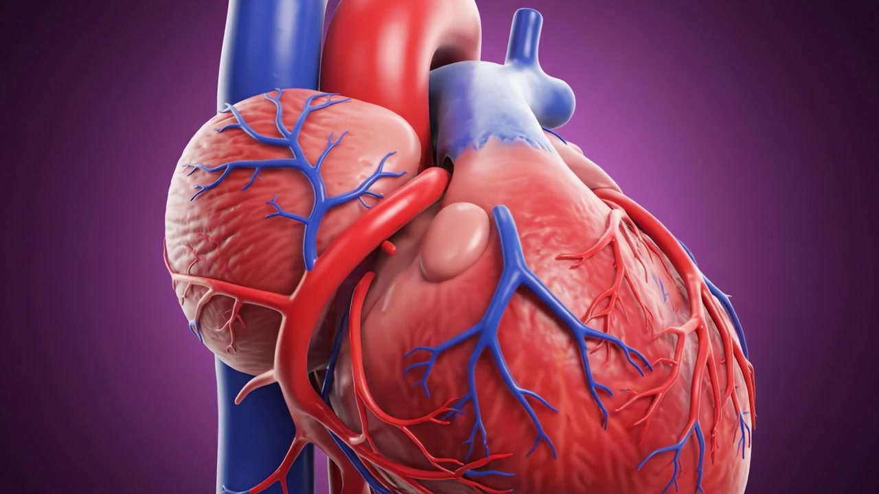 Una visualizzazione dettagliata del modello anatomico del cuore umano che mostra connessioni e strutture vascolari con uno straordinario realismo.