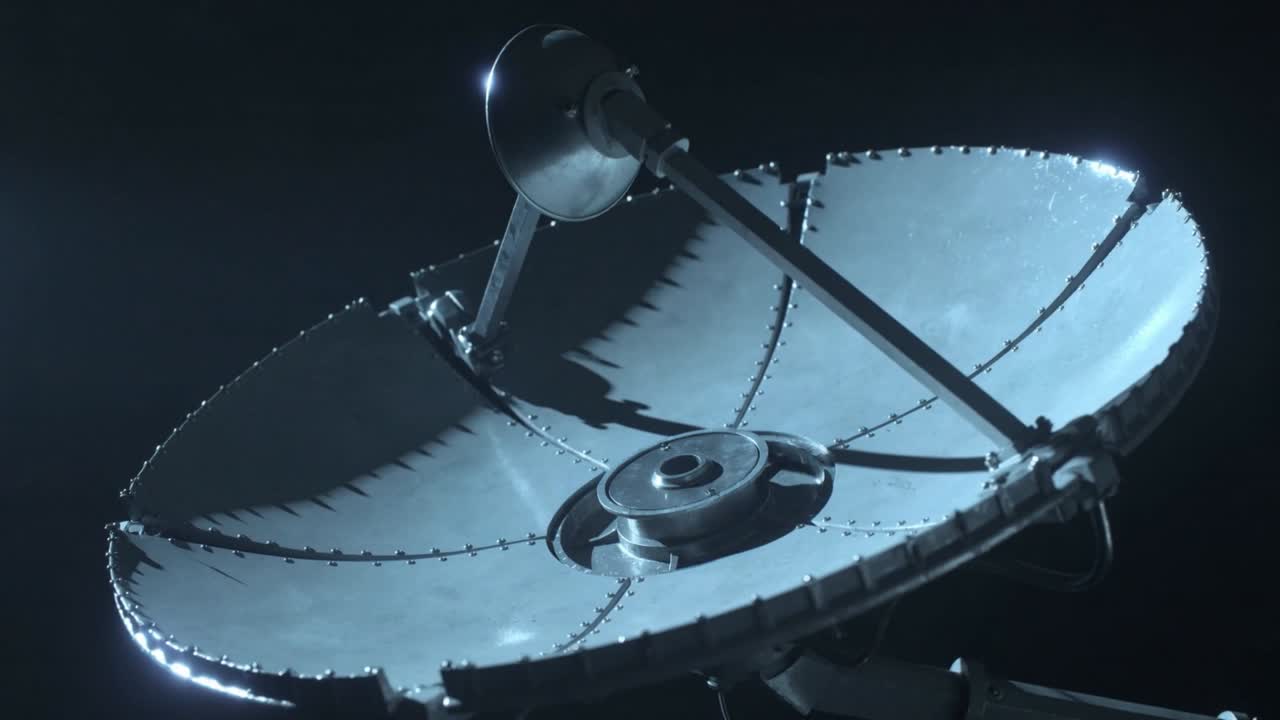 Antenna parabolica segmentata inclinabile che si sposta tramite un supporto in uno studio buio, rivelando il riflettore e i rivetti.