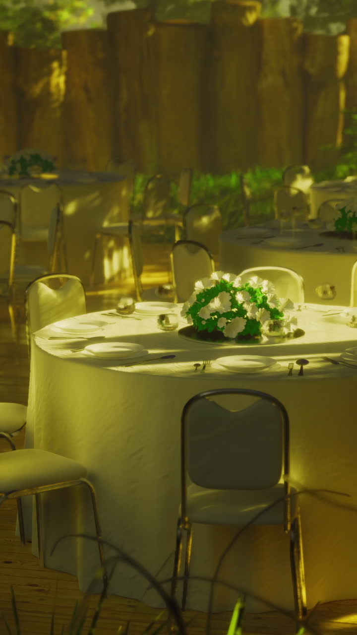 Elegant outdoor event setup with tables and floral centerpieces at sunset