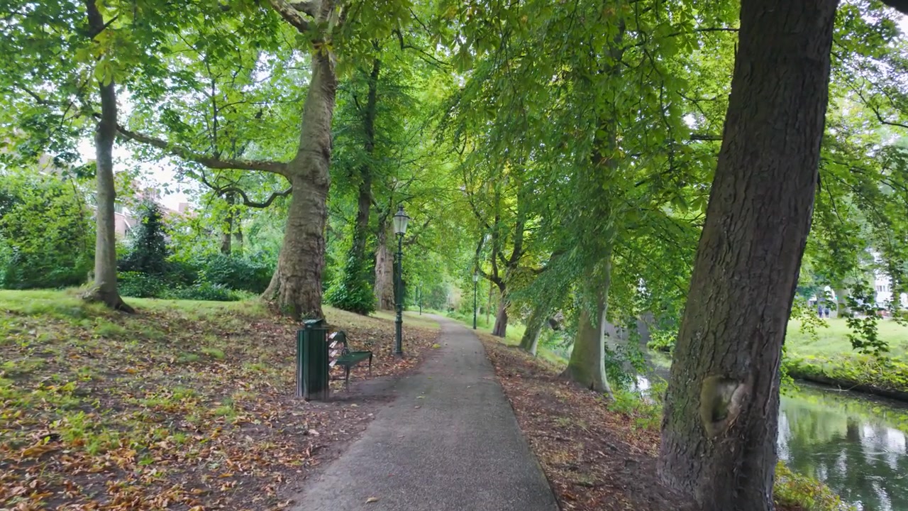 Sentiero tranquillo circondato da alberi rigogliosi e un canale, Amersfoort, Paesi Bassi.