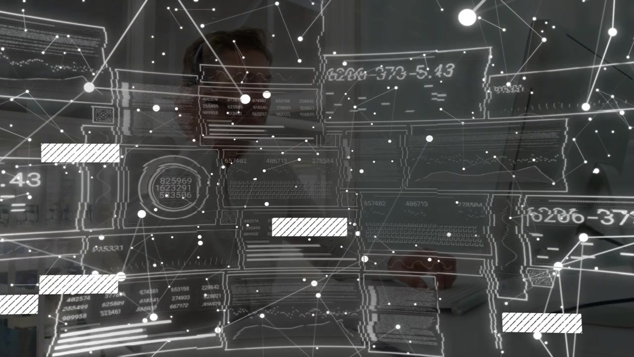Ingénieur utilisant un clavier derrière une superposition schématique, mettant à jour des nœuds, des barres et des chiffres pour l'analyse.