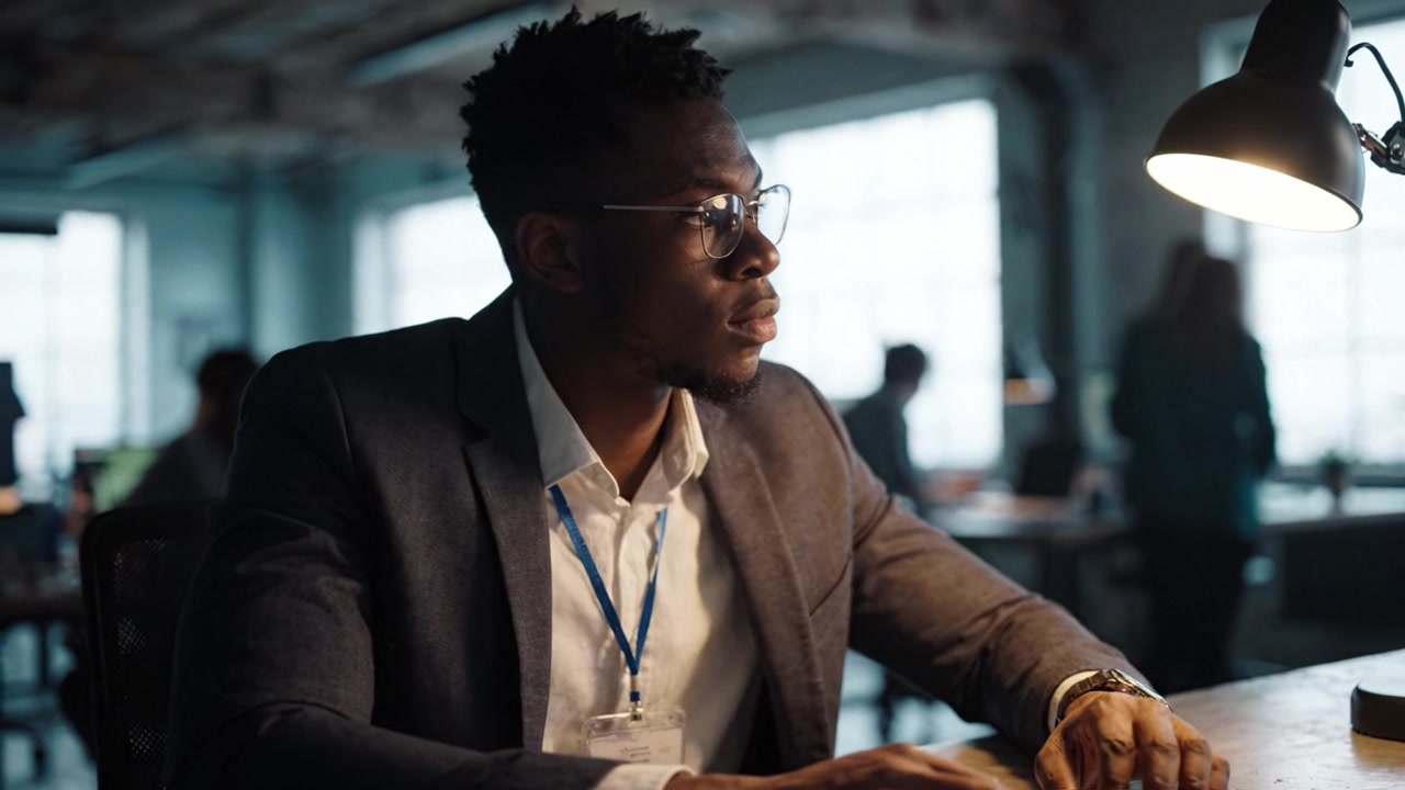 Focused Professional Working Intently on a Project at a Modern Office Desk, Highlighting Concentration and Productivity in a Business Environment