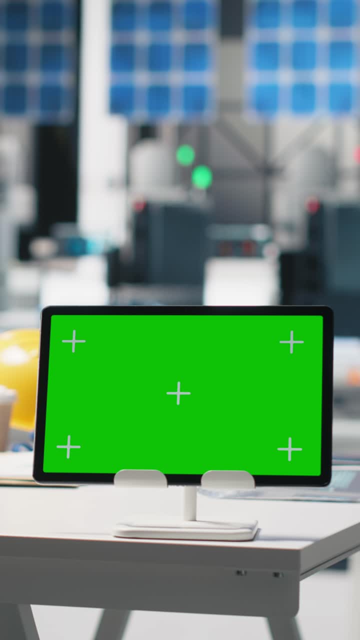 Vertical Video Copy space display on tablet in modern photovoltaics factory