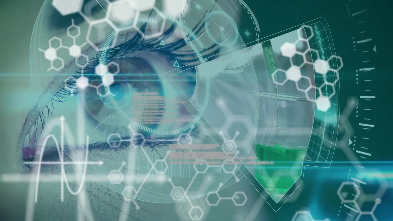 Animation of data processing and chemical formula over eye of caucasian woman