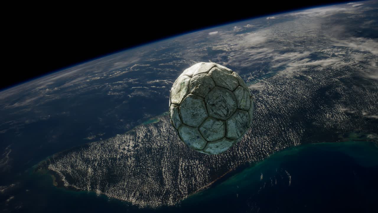 vieja pelota de fútbol en el espacio en órbita terrestre