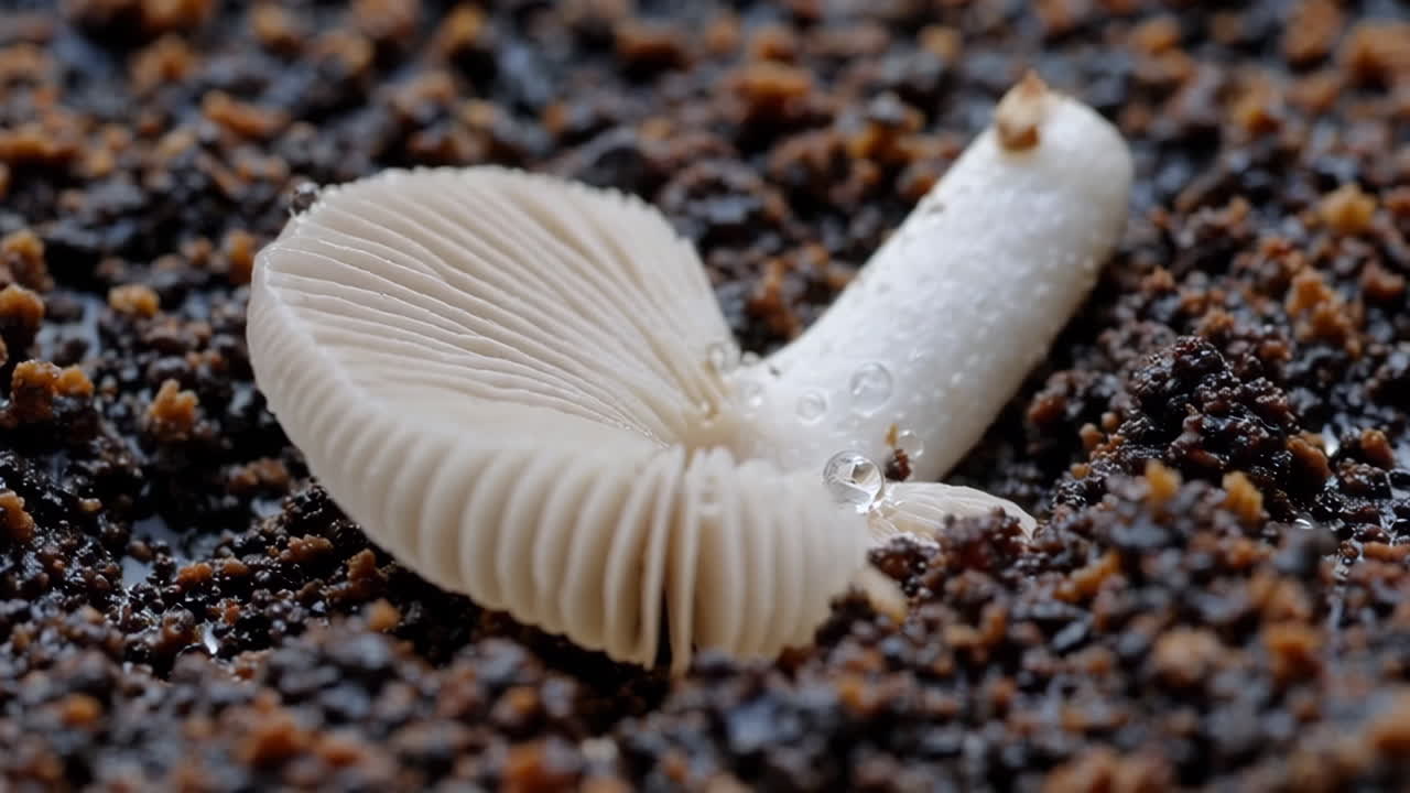 A small white mushroom with water droplets in soil