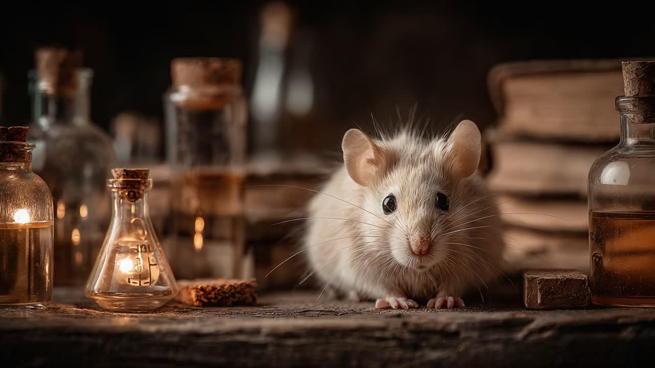 Un topo curioso esplora l’allestimento di una farmacia d’epoca circondata da bottiglie di vetro e libri antichi, illuminata da una luce calda e soffusa in un ambiente rustico