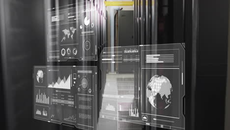 data analytics and global statistics animation over server room background