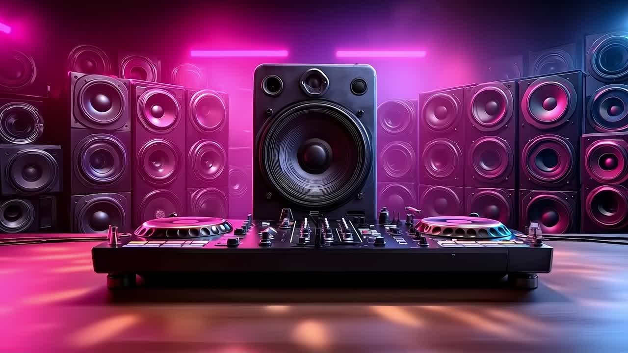 A dj mixer sitting in front of a row of speakers