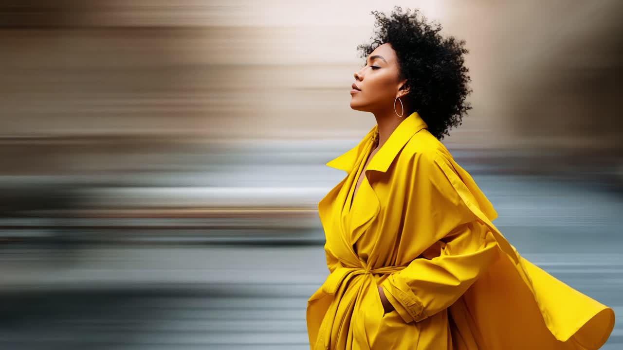 A Confident Woman in a Flowing Yellow Coat Exudes Elegance While Walking in a Blurred Urban Setting, Captured in Two Dynamic Frames of Motion and Style