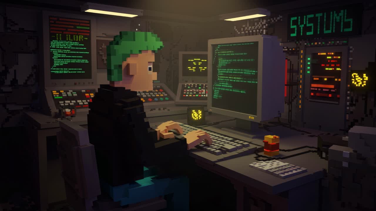 Pixelated hacker working on programming tasks in a retro-futuristic environment with glowing screens at night