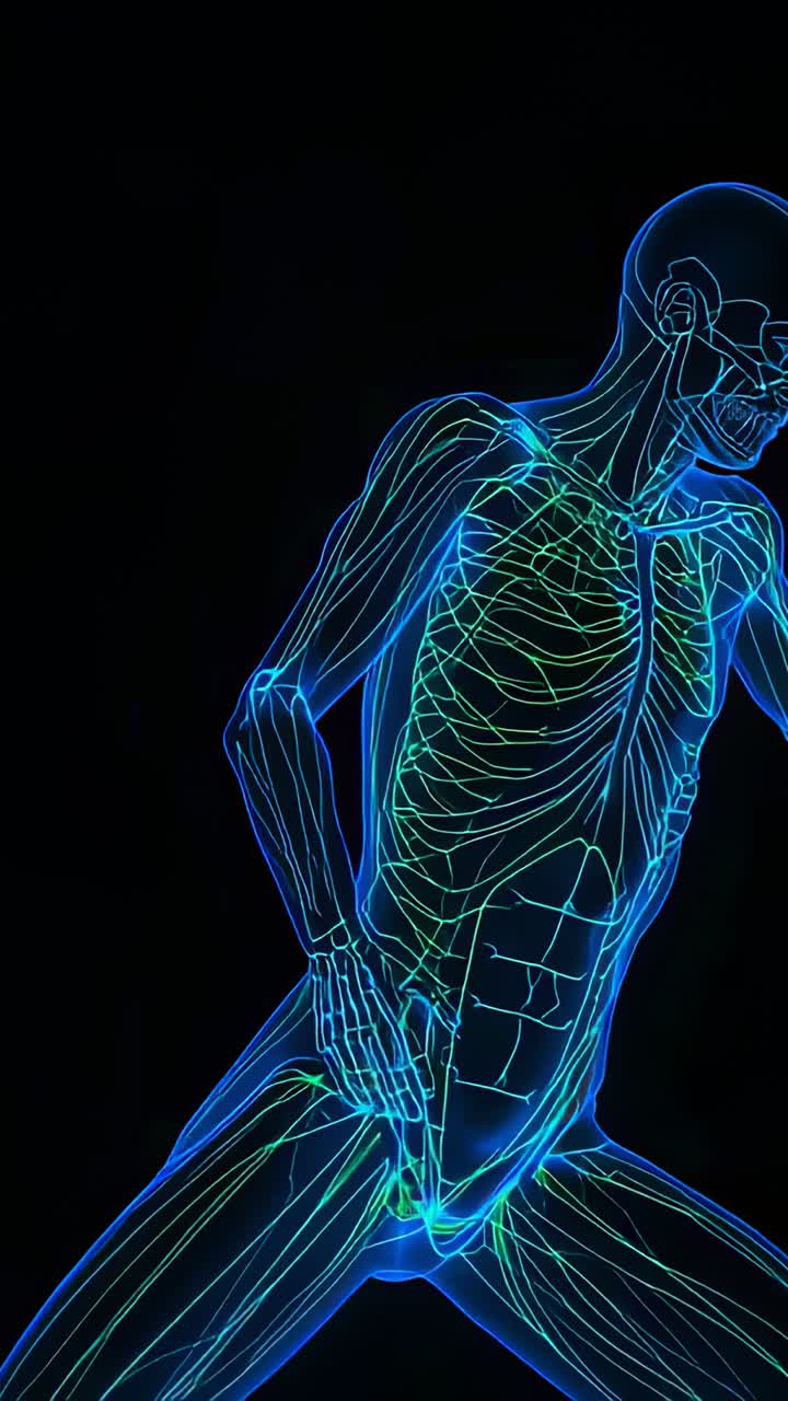 Vertical video: Anatomic model rotating on black at animation start, showing neon skeletal pathways