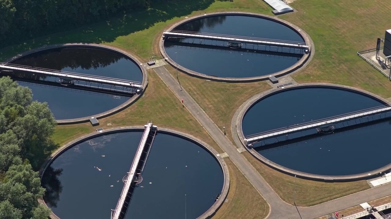 Aerial View of Circular Water Treatment Tanks at a Facility