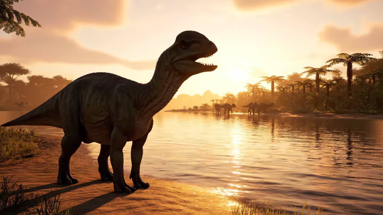 Dinosaurs in a Tropical Landscape at Sunset