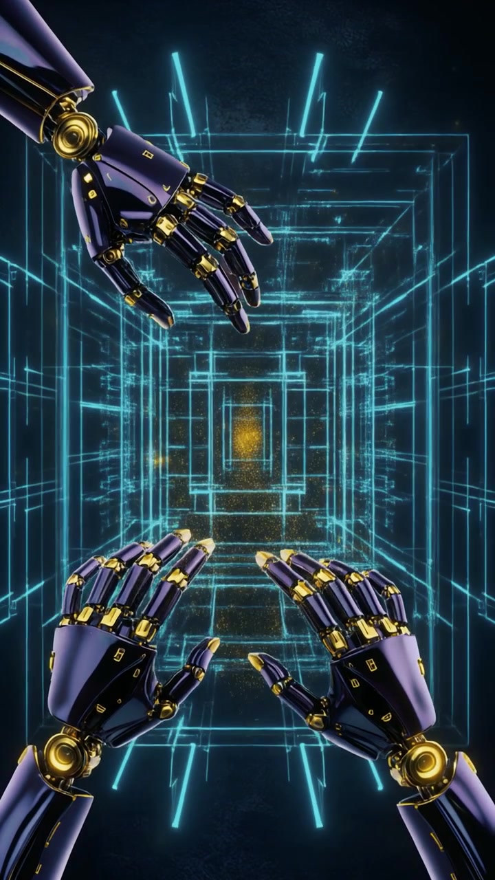 Robotic Hands Interacting with a Glowing Digital Data Tunnel