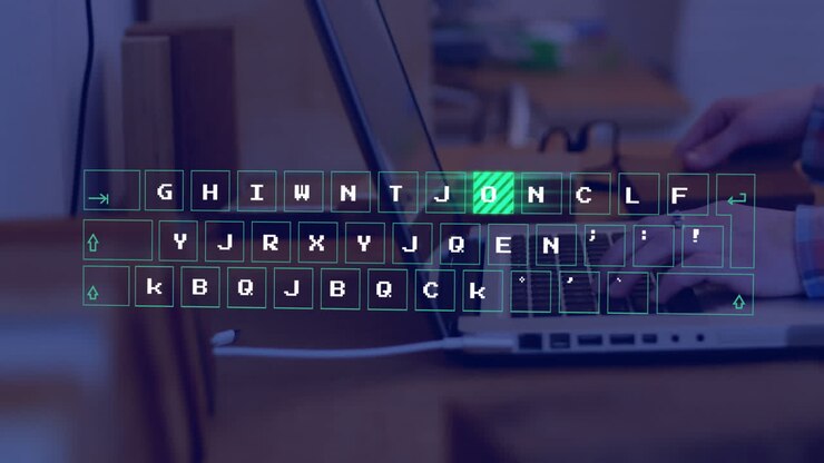 Animazione dell'elaborazione dati su una donna d'affari caucasica che usa un laptop
