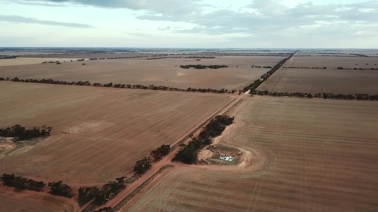 Drone footage over dry paddocks near Berriwillock, Victoria, Australia, May 2021