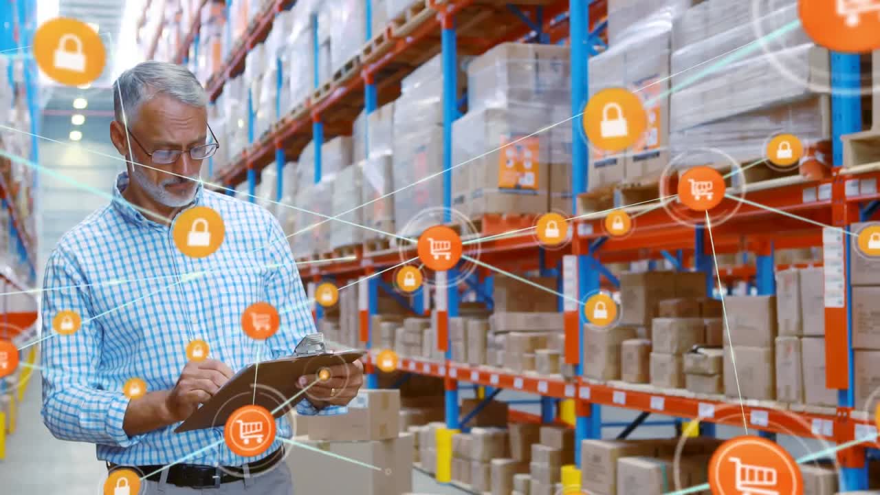 animación de redes de conexiones con iconos sobre el hombre que trabaja en el almacén