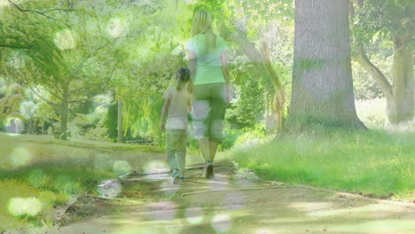 composite video of flowing water against rear view of mother holding hands walking with her daughter