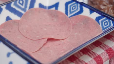 close up of sliced salami on a blue and white plate