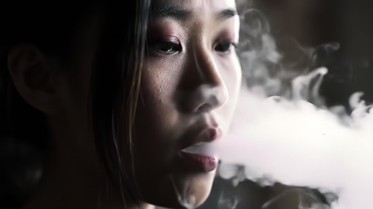 A Reflective Moment: Contemplation and Exhalation Captured in Intimate Frames of a Woman Engaging with Smoke, Revealing a Layered Emotional Experience
